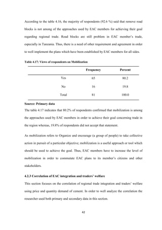 42
According to the table 4.16, the majority of respondents (92.6 %) said that remove road
blocks is not among of the approaches used by EAC members for achieving their goal
regarding regional trade. Road blocks are still problem in EAC member‟s trade,
especially in Tanzania. Thus, there is a need of other requirement and agreement in order
to well implement the plans which have been established by EAC members for all sides.
Table 4.17: Views of respondents on Mobilization
Frequency Percent
Yes 65 80.2
No 16 19.8
Total 81 100.0
Source: Primary data
The table 4.17 indicates that 80.2% of respondents confirmed that mobilization is among
the approaches used by EAC members in order to achieve their goal concerning trade in
the region whereas, 19.8% of respondents did not accept that statement.
As mobilization refers to Organize and encourage (a group of people) to take collective
action in pursuit of a particular objective; mobilization is a useful approach or tool which
should be used to achieve the goal. Thus, EAC members have to increase the level of
mobilization in order to commutate EAC plans to its member‟s citizens and other
stakeholders.
4.2.3 Correlation of EAC integration and traders’ welfare
This section focuses on the correlation of regional trade integration and traders‟ welfare
using price and quantity demand of cement. In order to well analyze the correlation the
researcher used both primary and secondary data in this section.
 