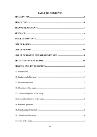 vi
TABLE OF CONTENTS
DECLARATION................................................................................................................ii
DEDICATION...................................................................................................................iii
ACKNOWLEDGEMENTS .............................................................................................iv
ABSTRACT........................................................................................................................v
TABLE OF CONTENTS .................................................................................................vi
LIST OF TABLES.............................................................................................................x
LIST OF FIGURES .........................................................................................................xii
LIST OF ACRONYMS AND ABBRREVIATIONS ...................................................xiii
DEFINITIONS OF KEY TERMS..................................................................................xv
CHAPTER ONE: INTRODUCTION..............................................................................1
1.0. Introduction...................................................................................................................1
1.1. Background of the study...............................................................................................1
1.2. Problem Statement........................................................................................................3
1.3. Objectives of the study..................................................................................................4
1.3.1. General objective of the study ...................................................................................5
1.3.2. Specific objectives of the study .................................................................................5
1.4. Research questions........................................................................................................5
1.5. Significance of the study...............................................................................................5
1.6 Limitations of the study .................................................................................................6
1.7 Scope of the study..........................................................................................................7
 