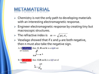  Chemistry is not the only path to developing materials
with an interesting electromagnetic response.
 Engineer electromagnetic response by creating tiny but
macroscopic structures.
 The refractive index is
 Veselago showed that if ε and μ are both negative,
then n must also take the negative sign.
rrn 
4
 