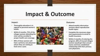 Impact & Outcome
Impact:
• Thoroughly education is in
regards to personal women’s
health.
• Within 8 months, 75% of the
refugee women attending the
clinic will be enrolled in
proper health care coverage.
• 90% of those women will
have a primary care physician
whom they are visiting at
least once a year.
Outcome:
• Attend weekly information
sessions about reproductive
health topics
• Complete the necessary steps
and requirements to enroll in
health insurance.
• Within 3 months of entering the
program, 60% of insured refugee
women would get their annual
exams and have established
relationship with their primary
care physicians.
 