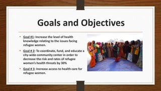 Goals and Objectives
• Goal #1: Increase the level of health
knowledge relating to the issues facing
refugee women.
• Goal # 2: To coordinate, fund, and educate a
city-wide community center in order to
decrease the risk and rates of refugee
women’s health threats by 30%
• Goal # 3: Increase access to health care for
refugee women.
 