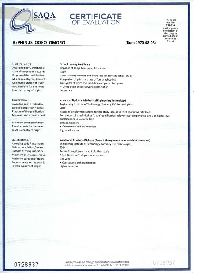 SAQA Certificates | PDF