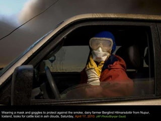 Wearing a mask and goggles to protect against the smoke, dairy farmer Berglind Hilmarsdottir from Nupur, Iceland, looks for cattle lost in ash clouds, Saturday,  April 17, 2010.  (AP Photo/Brynjar Gauti) 