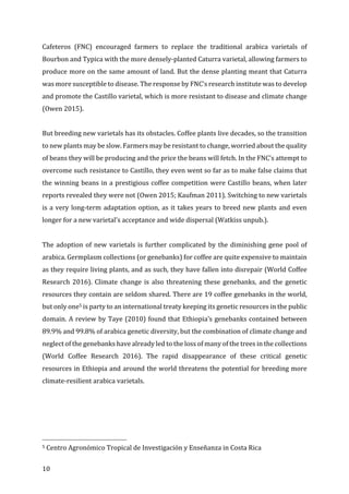 10	
Cafeteros	 (FNC)	 encouraged	 farmers	 to	 replace	 the	 traditional	 arabica	 varietals	 of	
Bourbon	and	Typica	with	the	more	densely-planted	Caturra	varietal,	allowing	farmers	to	
produce	more	on	the	same	amount	of	land.	But	the	dense	planting	meant	that	Caturra	
was	more	susceptible	to	disease.	The	response	by	FNC’s	research	institute	was	to	develop	
and	promote	the	Castillo	varietal,	which	is	more	resistant	to	disease	and	climate	change	
(Owen	2015).	
	
But	breeding	new	varietals	has	its	obstacles.	Coffee	plants	live	decades,	so	the	transition	
to	new	plants	may	be	slow.	Farmers	may	be	resistant	to	change,	worried	about	the	quality	
of	beans	they	will	be	producing	and	the	price	the	beans	will	fetch.	In	the	FNC’s	attempt	to	
overcome	such	resistance	to	Castillo,	they	even	went	so	far	as	to	make	false	claims	that	
the	winning	beans	in	a	prestigious	coffee	competition	were	Castillo	beans,	when	later	
reports	revealed	they	were	not	(Owen	2015;	Kaufman	2011).	Switching	to	new	varietals	
is	a	very	long-term	adaptation	option,	as	it	takes	years	to	breed	new	plants	and	even	
longer	for	a	new	varietal’s	acceptance	and	wide	dispersal	(Watkiss	unpub.).	
	
The	adoption	of	new	varietals	is	further	complicated	by	the	diminishing	gene	pool	of	
arabica.	Germplasm	collections	(or	genebanks)	for	coffee	are	quite	expensive	to	maintain	
as	they	require	living	plants,	and	as	such,	they	have	fallen	into	disrepair	(World	Coffee	
Research	2016).	Climate	change	is	also	threatening	these	genebanks,	and	the	genetic	
resources	they	contain	are	seldom	shared.	There	are	19	coffee	genebanks	in	the	world,	
but	only	one5	is	party	to	an	international	treaty	keeping	its	genetic	resources	in	the	public	
domain.	A	review	by	Taye	(2010)	found	that	Ethiopia’s	genebanks	contained	between	
89.9%	and	99.8%	of	arabica	genetic	diversity,	but	the	combination	of	climate	change	and	
neglect	of	the	genebanks	have	already	led	to	the	loss	of	many	of	the	trees	in	the	collections	
(World	 Coffee	 Research	 2016).	 The	 rapid	 disappearance	 of	 these	 critical	 genetic	
resources	in	Ethiopia	and	around	the	world	threatens	the	potential	for	breeding	more	
climate-resilient	arabica	varietals.		
	
																																																								
5	Centro	Agronómico	Tropical	de	Investigación	y	Enseñanza	in	Costa	Rica	
 