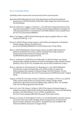 x	
Annex	II.	Suitability	Studies	
Suitability	studies	reviewed,	but	not	necessarily	cited	in	main	document.		
Agricultural	Risk	Management	Team	of	the	Agricultural	and	Rural	Development	
Department	of	The	World	Bank	(2010)	Haiti	Coffee	Supply	Chain	Risk	Assessment.	
The	World	Bank.	
Baca,	M.,	Läderach,	P.,	Haggar,	J.,	Schroth,	G.,	et	al.	(2014)	An	integrated	framework	for	
assessing	vulnerability	to	climate	change	and	developing	adaptation	strategies	for	
coffee	growing	families	in	mesoamerica.	PLoS	ONE.	[Online].	9	(2).	Available	from:	
doi:10.1371/journal.pone.0088463.	
Baker,	P.	&	Haggar,	J.	(2007)	Global	Warming:	the	impact	on	global	coffee.	In:	SCAA	
Conference.	2007	pp.	1–14.	
Brown,	D.	(2012)	Climate	change	impacts,	vulnerability	and	adaptation	in	Zimbabwe.	
Climate	Change.	[Online].	Available	from:	
doi:10.1023/B:GEJO.0000003613.15101.d9	[Accessed:	27	July	2016].	
Bunn,	C.	(2015)	Modeling	the	climate	change	impacts	on	global	coffee	production.	
[Online].	Humboldt-Universität	zu	Berlin.	Available	from:	http://edoc.hu-
berlin.de/dissertationen/bunn-christian-2015-10-
16/METADATA/abstract.php?id=42152.	
Bunn,	C.,	Läderach,	P.,	Ovalle-Rivera,	O.	&	Kirschke,	D.	(2014)	A	bitter	cup:	climate	
change	profile	of	global	production	of	Arabica	and	Robusta	coffee.	Climatic	Change.	
[Online].	129	(1-2),	89–101.	Available	from:	doi:10.1007/s10584-014-1306-x.	
Bunn,	C.,	Läderach,	P.,	Pérez	Jimenez,	J.G.,	Montagnon,	C.,	et	al.	(2015)	Multiclass	
Classification	of	Agro-Ecological	Zones	for	Arabica	Coffee:	An	Improved	
Understanding	of	the	Impacts	of	Climate	Change.	PloS	ONE.	[Online].	10	(10),	
e0140490.	Available	from:	doi:10.1371/journal.pone.0140490	[Accessed:	5	August	
2016].	
Craparo,	A.C.W.C.W.,	Van	Asten,	P.J.A.J.A.,	Läderach,	P.,	Jassogne,	L.T.P.T.P.,	et	al.	(2015)	
Coffea	arabica	yields	decline	in	Tanzania	due	to	climate	change:	Global	
implications.	Agricultural	and	Forest	Meteorology.	[Online].	2011–10.	Available	
from:	doi:10.1016/j.agrformet.2015.04.020.	
Davis,	A.P.,	Gole,	T.W.,	Baena,	S.	&	Moat,	J.	(2012)	The	impact	of	climate	change	on	
indigenous	Arabica	coffee	(Coffea	arabica):	predicting	future	trends	and	identifying	
priorities.	PloS	ONE.	[Online].	7	(11),	e47981.	Available	from:	
doi:10.1371/journal.pone.0047981	[Accessed:	9	December	2015].	
Deryng,	D.,	Conway,	D.,	Ramankutty,	N.,	Price,	J.,	et	al.	(2014)	Global	crop	yield	response	
to	extreme	heat	stress	under	multiple	climate	change	futures.	Environmental	
Research	Letters.	[Online].	9	(3),	034011.	Available	from:	doi:10.1088/1748-
9326/9/3/034011	[Accessed:	15	August	2015].	
 