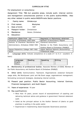 CURRICULUM VITAE
For employ me n t or consultancy
Assignmen t Title: TBA but possible areas, include audit, internal control,
and manage men t consultancies position in the public audito r/NGOs. Also
any other related in public sector/NGO/Private Sector positions
1 Family name: Chitaku nye
2. First names: Musiyiwa
3. Date of birth: 1967
4. Passport holder: Zimbabwean
5. Residence: Harare, Zimbabwe
6. Education:
Institu t io n (Date from - to) Degree(s) or Diploma(s) obtained:
University of Zimbabwe 2002- 2004 Bachelor of Accountancy Degree
Institute of Chartered Secretaries and
Administrators, Zimbabwe ICSAZ 1999
Chartered Accountant
Member to the Public Accountancy and
Auditors Board of Zimbabwe (PAAB(Z)
Harare Polytechnic College 1987- 1992 Higher National Diploma (Accountancy)
ACCA Professional stage
7. Language skills: Indicate competence on a scale of 1 to 5 (1 - excellent; 5 -
basic)
Language Reading Speaking Writin g
English 1 1 1
Shona 1 1 1
8. Membership of professional bodies: Associate Member of ICSAZ, Member of
the Public Accountancy and Auditors Board of Zimbabwe (PAAB(Z)
9. Other skills: Communication, Teamwork, Organisational, analytical Computer
usage skills, Ms Word/power point and Ms Excel usage, organisational management,
formulating turnaround strategies, developing internal controls,
10. Present past position: Public Sector Accoun tin g, Internal Controls,
Financial manage men t, and Audit Expert
11. Years of experience: 19 year
12. Key qualifications:
 More than 10 years, proven record of accomplishment of coaching and
delivering technical advice and guidance in government financial statement
audit.
 Acted as the principal advisor to the Auditor General of Liberia on good
practices in auditing in the public sector
 Experienced in implementing Good Corporate Governance practices
 
