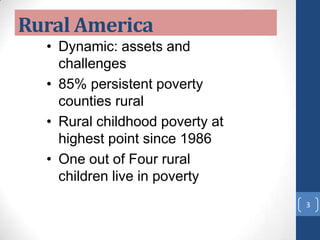 • Dynamic: assets and
challenges
• 85% persistent poverty
counties rural
• Rural childhood poverty at
highest point since 1986
• One out of Four rural
children live in poverty
Rural America
3
 