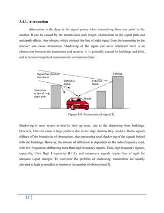 17
3.4.1. Attenuation
Attenuation is the drop in the signal power when transmitting from one point to the
another. It can be caused by the transmission path length, obstructions in the signal path and
multipath effects. Any objects, which obstruct the line of sight signal from the transmitter to the
receiver, can cause attenuation. Shadowing of the signal can occur whenever there is an
obstruction between the transmitter and receiver. It is generally caused by buildings and hills,
and is the most important environmental attenuation factor.
Figure-3.4: Attenuation of signal[3].
Shadowing is most severe in heavily built up areas, due to the shadowing from buildings.
However, hills can cause a large problem due to the large shadow they produce. Radio signals
diffract off the boundaries of obstructions, thus preventing total shadowing of the signals behind
hills and buildings. However, the amount of diffraction is dependent on the radio frequency used,
with low frequencies diffracting more than high frequency signals. Thus, high frequency signals,
especially, Ultra High Frequencies (UHF), and microwave signals require line of sight for
adequate signal strength. To overcome the problem of shadowing, transmitters are usually
elevated as high as possible to minimise the number of obstructions[3].
 