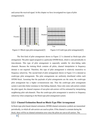 8
and correct the received signal. In this chapter we have investigated two types of pilot
arrangements[3].
Figure-2.3 Block type pilot arrangement[3] Figure-2.4 Comb type pilot arrangement[3]
The first kind of pilot arrangement shown in Figure 2.3 is denoted as block-type pilot
arrangement. The pilot signal assigned to a particular OFDM block, which is sent periodically in
time-domain. This type of pilot arrangement is especially suitable for slow-fading radio
channels. Because the training block contains all pilots, channel interpolation in frequency
domain is not required. Therefore, this type of pilot arrangement is relatively insensitive to
frequency selectivity. The second kind of pilot arrangement shown in Figure 2.4 is denoted as
comb-type pilot arrangement. The pilot arrangements are uniformly distributed within each
OFDM block. Assuming that the payloads of pilot arrangements are the same, the comb-type
pilot arrangement has a higher re-transmission rate. Thus the comb-type pilot arrangement
system is provides better resistance to fast-fading channels. Since only some sub-carriers contain
the pilot signal, the channel response of non-pilot sub-carriers will be estimated by interpolating
neighboring pilot sub-channels. Thus the comb-type pilot arrangement is sensitive to frequency
selectivity when comparing to the block-type pilot arrangement system.
2.2.1 Channel Estimation Based on Block-Type Pilot Arrangement
In block-type pilot based channel estimation, OFDM channel estimation symbols are transmitted
periodically, in which all sub-carriers are used as pilots. If the channel is constant during the
block, there will be no channel estimation error since the pilots are sent at all carriers. The
 