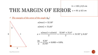 25.02.2017Giga Khizanishvili 14
 The margin of the error of the angle ( 𝛼2)
𝑙
𝑥
𝑎
ℎ
ℎ = 130 ± 0,5 𝑐𝑚
𝑥 = 81 ± 0,5 𝑐𝑚
𝑎 =
𝑎 𝑚𝑎𝑥 + 𝑎 𝑚𝑖𝑛
2
=
32.44° + 31,4°
2
= 31.92° ± 0.26°
∆𝑎
𝑎
=
0.26°
31.95°
≈ 0.008 ≈ 0.8%
𝑎 𝑚𝑎𝑥 = 32.18°
𝑎 𝑚𝑖𝑛 = 31,66°
 