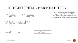 25.02.2017Giga Khizanishvili 16
𝑐 =
1
𝜇0 ∗ 𝜀0
𝑣 =
1
𝜇𝜇0 ∗ 𝜀0 𝜀
𝑐 = 𝑣 ∗ 𝑛
𝑐
𝑛
= 𝑣⇒
𝑛 ∗ 𝜇0 ∗ 𝜀0 = 𝜇𝜇0 ∗ 𝜀0 𝜀
𝑛 = 𝜀 𝑛2
= 𝜀⇒
𝜀 𝑜 − 𝑑𝑖 𝑒𝑙𝑒𝑐𝑡𝑟𝑖𝑐𝑎𝑙 𝑝𝑒𝑟𝑚𝑒𝑎𝑏𝑖𝑙𝑖𝑡𝑦
𝜇 𝑜 − 𝑚𝑎𝑔𝑛𝑒𝑡𝑖𝑐 𝑝𝑒𝑟𝑚𝑒𝑎𝑖𝑙𝑖𝑡𝑦
𝜇 − 𝑖𝑛𝑑𝑒𝑥 𝑜𝑓𝑚𝑎𝑔𝑛𝑒𝑡𝑖𝑐 𝑝𝑒𝑟𝑚𝑒𝑎𝑖𝑙𝑖𝑡𝑦
𝜀 − 𝑖𝑛𝑑𝑒𝑥 𝑜𝑓 𝑑𝑖 𝑒𝑙𝑒𝑐𝑡𝑟𝑖𝑐𝑎𝑙 𝑝𝑒𝑟𝑚𝑒𝑎𝑏𝑖𝑙𝑖𝑡𝑦
 