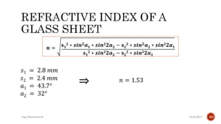 25.02.2017Giga Khizanishvili 20
𝑠1 = 2.8 𝑚𝑚
𝒏 =
𝐬 𝟏
𝟐 ∗ 𝒔𝒊𝒏 𝟐 𝒂 𝟏 ∗ 𝒔𝒊𝒏 𝟐 𝟐𝒂 𝟐 − 𝐬 𝟐
𝟐 ∗ 𝒔𝒊𝒏 𝟐 𝒂 𝟐 ∗ 𝒔𝒊𝒏 𝟐 𝟐𝒂 𝟏
𝐬 𝟏
𝟐 ∗ 𝒔𝒊𝒏 𝟐 𝟐𝒂 𝟐 − 𝐬 𝟐
𝟐 ∗ 𝒔𝒊𝒏 𝟐 𝟐𝒂 𝟏
𝑠2 = 2.4 𝑚𝑚
𝑎1 = 43.7°
𝑎2 = 32°
⇒ 𝑛 = 1.53
 