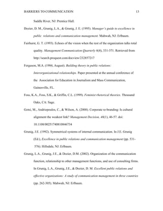 BARRIERS TO COMMUNICATION
Saddle River, NJ: Prentice Hall.
Dozier, D. M., Grunig, L.A., & Grunig, J. E. (1995). Manager’s guide to excellence in
public relations and communication management. Mahwah, NJ: Erlbaum.
Fairhurst, G. T. (1993). Echoes of the vision when the rest of the organization talks total
quality. Management Communication Quarterly 6(4), 331-371. Retrieved from
http://search.proquest.com/docview/232857217
Ferguson, M.A. (1984, August). Building theory in public relations:
Interorganizational relationships. Paper presented at the annual conference of
the Association for Education in Journalism and Mass Communication,
Gainesville, FL.
Foss, K.A., Foss, S.K., & Griffin, C.L. (1999). Feminist rhetorical theories. Thousand
Oaks, CA: Sage.
Gotsi, M., Andriopoulos, C., & Wilson, A. (2008). Corporate re-branding: Is cultural
alignment the weakest link? Management Decision, 46(1), 46-57. doi:
10.1108/00251740810846734
Grunig, J.E. (1992). Symmetrical systems of internal communication. In J.E. Grunig
(Ed.), Excellence in public relations and communication management (pp. 531-
576). Hillsdale, NJ: Erlbaum.
Grunig, L.A., Grunig, J.E., & Dozier, D.M. (2002). Organization of the communication
function, relationship to other management functions, and use of consulting firms.
In Grunig, L.A., Grunig, J.E., & Dozier, D. M. Excellent public relations and
effective organizations: A study of communication management in three countries
(pp. 262-305). Mahwah, NJ: Erlbaum.
13
 
