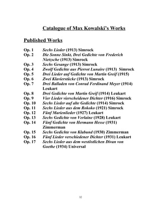 Catalogue of Max Kowalski’s Works
Published Works
Op. 1 Sechs Lieder (1913) Simrock
Op. 2 Die Sonne Sinkt, Drei Gedichte von Frederich
Nietzsche (1913) Simrock
Op. 3 Sechs Gesange (1913) Simrock
Op. 4 Zwolf Gedichte aus Pierrot Lunaire (1913) Simrock
Op. 5 Drei Lieder auf Gedichte von Martin Greif (1915)
Op. 6 Zwei Klavierstücke (1913) Simrock
Op. 7 Drei Balladen von Conrad Ferdinand Meyer (1914)
Leukart
Op. 8 Drei Gedichte von Martin Greif (1914) Leukart
Op. 9 Vier Lieder vierscheidener Dichter (1916) Simrock
Op. 10 Sechs Lieder auf alte Gedichte (1914) Simrock
Op. 11 Sechs Lieder aus dem Rokoko (1921) Simrock
Op. 12 Fünf Marienlieder (1927) Leukart
Op. 13 Sechs Gedichte von Verlaine (1928) Leukart
Op. 14 Fünf Gedichte von Hermann Hesse (1931)
Zimmerman
Op. 15 Sechs Gedichte von Klabund (1930) Zimmerman
Op. 16 Fünf Lieder verschiedener Dichter (1931) Leukart
Op. 17 Sechs Lieder aus dem westöstlichen Divan von
Goethe (1934) Universal
32
 