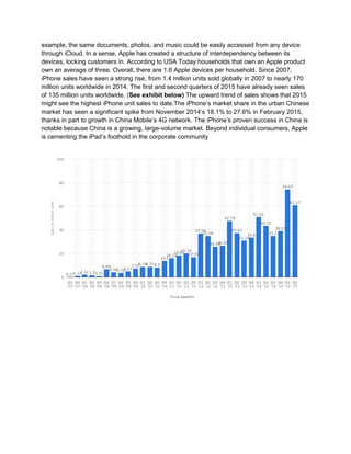 example, the same documents, photos, and music could be easily accessed from any device
through iCloud. In a sense, Apple has created a structure of interdependency between its
devices, locking customers in. According to USA Today households that own an Apple product
own an average of three. Overall, there are 1.6 Apple devices per household. Since 2007,
iPhone sales have seen a strong rise, from 1.4 million units sold globally in 2007 to nearly 170
million units worldwide in 2014. The first and second quarters of 2015 have already seen sales
of 135 million units worldwide. (See exhibit below) The upward trend of sales shows that 2015
might see the highest iPhone unit sales to date.The iPhone’s market share in the urban Chinese
market has seen a significant spike from November 2014’s 18.1% to 27.6% in February 2015,
thanks in part to growth in China Mobile’s 4G network. The iPhone’s proven success in China is
notable because China is a growing, large-volume market. Beyond individual consumers, Apple
is cementing the iPad’s foothold in the corporate community
 