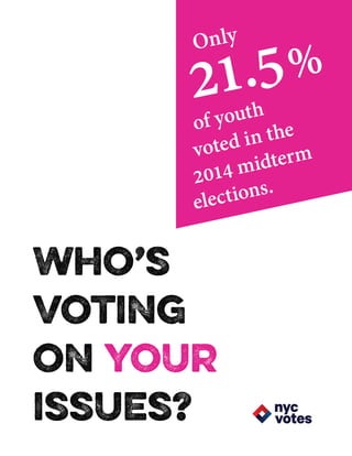 Only
21.5%
Who’s
voting
on your
issues?
of youth
voted in the
2014 midterm
elections.
 