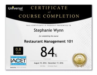  
Stephanie Wynn
for completing the course
Restaurant Management 101
0.8
CEUs
84%
Final Grade      
August 19, 2016 - December 17, 2016
0.8 CEUs       8 Contact Hours
 
Serial No. 9925116230182
 