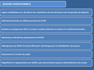 -Légère réhabilitation du QG GMI et des installations de sécurité passive des Camps/sites de déplacés
-Sélection/Formation de 150x2 personnels de la PNC
-Dotation en équipements MO, en moyens roulants (véhicules et motos) et en télécommunication
-Mentoring et Monitoring opérationnel du DPSCD
-Hébergement du DPSCD à la base GMI après réaménagement et réhabilitation nécessaires
-Financement et soutien du projet
*Approbation et appropriation par GoRDC, pour pérennisation jusqu'au démantèlement des camps
BESOINS OPERATIONNELS
 