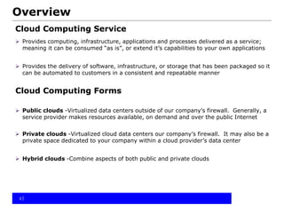 Overview
Cloud Computing Service
 Provides computing, infrastructure, applications and processes delivered as a service;
meaning it can be consumed “as is”, or extend it’s capabilities to your own applications
 Provides the delivery of software, infrastructure, or storage that has been packaged so it
can be automated to customers in a consistent and repeatable manner
Cloud Computing Forms
 Public clouds -Virtualized data centers outside of our company’s firewall. Generally, a
service provider makes resources available, on demand and over the public Internet
 Private clouds -Virtualized cloud data centers our company’s firewall. It may also be a
private space dedicated to your company within a cloud provider’s data center
 Hybrid clouds -Combine aspects of both public and private clouds
33
 