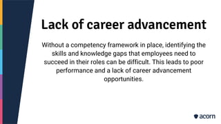 Lack of career advancement
Without a competency framework in place, identifying the
skills and knowledge gaps that employees need to
succeed in their roles can be difficult. This leads to poor
performance and a lack of career advancement
opportunities.
 