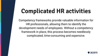 Complicated HR activities
Competency frameworks provide valuable information for
HR professionals, allowing them to identify the
development needs of employees. Without a competency
framework in place, this process becomes needlessly
complicated, time-consuming and expensive.
 