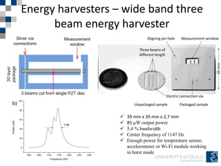 Energy harvesters – wide band three
beam energy harvester
 39 mm x 39 mm x 2,7 mm
 85 µW output power
 5,4 % bandwidth
 Center frequency of 1147 Hz
 Enough power for temperature sensor,
accelerometer or Wi-Fi module working
in burst mode
 