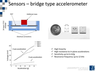 Sensors – bridge type accelerometer
 High linearity
 High resistance to in-plane accelerations
 Sensitivity up to 6 mV/g
 Resonance frequency up to 12 kHz
 
