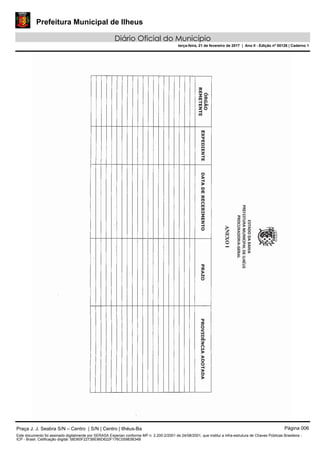 Prefeitura Municipal de Ilheus
Diário Oficial do Município
terça-feira, 21 de fevereiro de 2017 | Ano II - Edição nº 00126 | Caderno 1
Praça J. J. Seabra S/N – Centro | S/N | Centro | Ilhéus-Ba Página 006
Este documento foi assinado digitalmente por SERASA Experian conforme MP n. 2.200-2/2001 de 24/08/2001, que institui a infra-estrutura de Chaves Públicas Brasileira -
ICP - Brasil. Cetificação diigital: 58D60F2273BE86D622F176C05983B34B
 