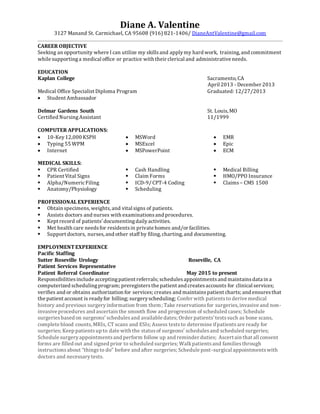 Diane A. Valentine
3127 Manand St. Carmichael, CA 95608 (916) 821-1406/ DianeAntValentine@gmail.com
CAREER OBJECTIVE
Seeking an opportunity where I can utilize my skillsand applymy hard work, training, and commitment
while supportinga medical office or practice with their clerical and administrative needs.
EDUCATION
Kaplan College Sacramento, CA
April 2013 - December 2013
Medical Office Specialist Diploma Program Graduated: 12/27/2013
 Student Ambassador
Delmar Gardens South St. Louis, MO
Certified NursingAssistant 11/1999
COMPUTER APPLICATIONS:
 10-Key12,000 KSPH
 Typing 55 WPM
 Internet
 MSWord
 MSExcel
 MSPowerPoint
 EMR
 Epic
 ECM
MEDICAL SKILLS:
 CPR Certified
 Patient Vital Signs
 Alpha/NumericFiling
 Anatomy/Physiology
 Cash Handling
 Claim Forms
 ICD-9/ CPT-4 Coding
 Scheduling
 Medical Billing
 HMO/PPO Insurance
 Claims– CMS 1500
PROFESSIONAL EXPERIENCE
 Obtain specimens,weights,and vital signs of patients.
 Assists doctors and nurses with examinationsand procedures.
 Kept record of patients’documentingdailyactivities.
 Met health care needsfor residentsin private homes and/or facilities.
 Support doctors, nurses,and other staff by filing, charting, and documenting.
EMPLOYMENTEXPERIENCE
Pacific Staffing
Sutter Roseville Urology Roseville, CA
Patient Services Representative
Patient Referral Coordinator May 2015 to present
Responsibilitiesinclude acceptingpatient referrals; schedulesappointmentsand maintainsdata in a
computerized schedulingprogram; preregistersthe patient and createsaccounts for clinical services;
verifies and or obtains authorization for services; creates and maintainspatient charts; and ensuresthat
the patient account is readyfor billing; surgeryscheduling; Confer with patientsto derive medical
history and previous surgeryinformation from them; Take reservationsfor surgeries, invasive and non-
invasive procedures and ascertain the smooth flow and progression of scheduled cases; Schedule
surgeriesbased on surgeons’ schedulesand available dates; Order patients’testssuch as bone scans,
complete blood counts,MRIs, CT scans and ESIs; Assess teststo determine ifpatientsare ready for
surgeries; Keep patientsup to date with the statusof surgeons’ schedulesand scheduled surgeries;
Schedule surgeryappointmentsand perform follow up and reminder duties; Ascertain that all consent
forms are filled out and signed prior to scheduled surgeries; Walkpatientsand familiesthrough
instructionsabout “thingsto do” before and after surgeries; Schedule post-surgical appointmentswith
doctors and necessarytests.
 