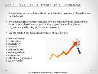 MEASURING THE EFFECTIVENESS OF THE PROGRAM:
• A meta-analysis research (a statistical technique that pools multiple studies) can
be conducted.
• By conducting this research regularly over time and increasing the number of
work units analysed, we can get a cutting edge of how well employee
engagement predicts key performance outcomes.
• We can conduct this research on the basis of eight iterates:
customer ratings
profitability
productivity
turnover
safety incidents
shrinkage (theft)
absenteeism
patient safety incidents
quality (defects)
“PLEASE REFER TO THE NOTES FOR FURTHER EXPLANANTION”
 