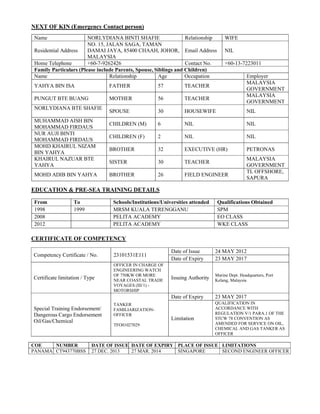 NEXT OF KIN (Emergency Contact person)
Name NORLYDIANA BINTI SHAFIE Relationship WIFE
Residential Address
NO. 15, JALAN SAGA, TAMAN
DAMAI JAYA, 85400 CHAAH, JOHOR,
MALAYSIA
Email Address NIL
Home Telephone +60-7-9262426 Contact No. +60-13-7223011
Family Particulars (Please include Parents, Spouse, Siblings and Children)
Name Relationship Age Occupation Employer
YAHYA BIN ISA FATHER 57 TEACHER
MALAYSIA
GOVERNMENT
PUNGUT BTE BUANG MOTHER 56 TEACHER
MALAYSIA
GOVERNMENT
NORLYDIANA BTE SHAFIE
SPOUSE 30 HOUSEWIFE NIL
MUHAMMAD AISH BIN
MOHAMMAD FIRDAUS
CHILDREN (M) 6 NIL NIL
NUR AUJI BINTI
MOHAMMAD FIRDAUS
CHILDREN (F) 2 NIL NIL
MOHD KHAIRUL NIZAM
BIN YAHYA
BROTHER 32 EXECUTIVE (HR) PETRONAS
KHAIRUL NAZUAR BTE
YAHYA
SISTER 30 TEACHER
MALAYSIA
GOVERNMENT
MOHD ADIB BIN YAHYA BROTHER 26 FIELD ENGINEER
TL OFFSHORE,
SAPURA
EDUCATION & PRE-SEA TRAINING DETAILS
From To Schools/Institutions/Universities attended Qualifications Obtained
1998 1999 MRSM KUALA TERENGGANU SPM
2008 PELITA ACADEMY EO CLASS
2012 PELITA ACADEMY WKE CLASS
CERTIFICATE OF COMPETENCY
Competency Certificate / No. 23101531E111
Date of Issue 24 MAY 2012
Date of Expiry 23 MAY 2017
Certificate limitation / Type
OFFICER IN CHARGE OF
ENGINEERING WATCH
OF 750KW OR MORE
NEAR COASTAL TRADE
VOYAGES (III/1) -
MOTORSHIP
Issuing Authority
Marine Dept. Headquarters, Port
Kelang, Malaysia
Special Training Endorsement/
Dangerous Cargo Endorsement
Oil/Gas/Chemical
TANKER
FAMILIARIZATION-
OFFICER
TFO01027029
Date of Expiry 23 MAY 2017
Limitation
QUALIFICATION IN
ACCORDANCE WITH
REGULATION V/1 PARA.1 OF THE
STCW 78 CONVENTION AS
AMENDED FOR SERVICE ON OIL,
CHEMICAL AND GAS TANKER AS
OFFICER
COE NUMBER DATE OF ISSUE DATE OF EXPIRY PLACE OF ISSUE LIMITATIONS
PANAMA CT943770BSS 27 DEC. 2013 27 MAR. 2014 SINGAPORE SECOND ENGINEER OFFICER
 