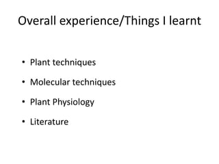 Overall experience/Things I learnt
• Plant techniques
• Molecular techniques
• Plant Physiology
• Literature
 