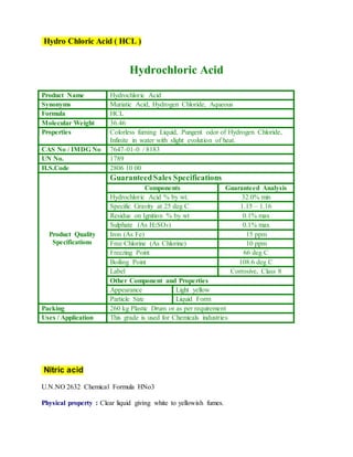 Hydro Chloric Acid ( HCL )
Hydrochloric Acid
Product Name Hydrochloric Acid
Synonyms Muriatic Acid, Hydrogen Chloride, Aqueous
Formula HCL
Molecular Weight 36.46
Properties Colorless fuming Liquid, Pungent odor of Hydrogen Chloride,
Infinite in water with slight evolution of heat.
CAS No / IMDG No 7647-01-0 / 8183
UN No. 1789
H.S.Code 2806 10 00
Product Quality
Specifications
GuaranteedSales Specifications
Components Guaranteed Analysis
Hydrochloric Acid % by wt. 32.0% min
Specific Gravity at 25 deg C 1.15 – 1.16
Residue on Ignition % by wt 0.1% max
Sulphate (As H2SO4) 0.1% max
Iron (As Fe) 15 ppm
Free Chlorine (As Chlorine) 10 ppm
Freezing Point 66 deg C
Boiling Point 108.6 deg C
Label Corrosive, Class 8
Other Component and Properties
Appearance Light yellow
Particle Size Liquid Form
Packing 260 kg Plastic Drum or as per requirement
Uses / Application This grade is used for Chemicals industries
Nitric acid
U.N.NO 2632 Chemical Formula HNo3
Physical property : Clear liquid giving white to yellowish fumes.
 