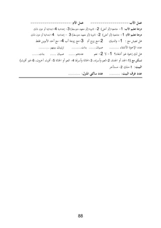 88
‫ب‬ ‫عرهملا‬-------------------‫م‬ ‫عرهملا‬‫مي‬--------------------
‫ب‬ ‫ةملتعليمملا‬ ‫در‬‫مي‬1-) ‫عل‬ ‫و‬ ‫جامعية‬2-) ‫متوس‬ ‫معهد‬ ‫و‬ ‫اثفوية‬2-‫عدادية‬4-‫لل‬ ‫دون‬ ‫و‬ ‫ابتدائية‬
‫م‬ ‫ةملتعليمملا‬ ‫در‬‫مي‬1-) ‫عل‬ ‫و‬ ‫جامعية‬2-‫مت‬ ‫معهد‬ ‫و‬ ‫اثفوية‬) ‫وس‬2-‫عدادية‬4-‫لل‬ ‫دون‬ ‫و‬ ‫ابتدائية‬
‫مي‬ ‫مع‬ ‫تعيع‬ ‫ل‬1-‫الديل‬‫و‬2-‫ث‬ ‫زو‬ ‫مع‬2-‫زوجة‬ ‫مع‬4-‫،ة‬ ‫األبوين‬ ‫حد‬ ‫مع‬
........ ‫ةار‬ ‫األ‬ ‫وة‬ ‫اإل‬ ‫عدد‬........‫ات‬ ‫ب‬ ......‫ابيان‬......... ‫هم‬ ‫بي‬ ‫تيبل‬‫ر‬‫ت‬
‫ةار؟‬ ‫يري‬ ‫وة‬ ‫لل‬ ‫ل‬1-‫ال‬2-‫فعم‬..... ‫م‬ ‫عدد‬..... ‫ابيان‬..‫ات‬ ‫ب‬....
‫نملمع‬ ‫تس‬‫مل‬1-‫اجلدةر‬ ‫و‬ ‫اجلد‬2-‫ر‬ ‫ت‬‫ر‬‫س‬‫و‬ ‫العم‬2-‫هتا‬‫ر‬‫س‬‫و‬ ‫اخلالة‬4-‫اخلالة‬ ‫و‬ ‫العم‬5-‫رونر‬ ‫آ‬ ‫رير‬6-)‫رير‬ ‫يري‬
‫البيت‬‫مي‬1-‫ملل‬2-‫جر‬ ‫مست‬
‫فملالبيت‬ ‫علدملغ‬......... ‫مي‬‫كينملاجنزل‬ ‫علدمل‬.......... ‫مي‬
 