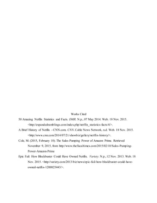 Works Cited
50 Amazing Netflix Statistics and Facts. DMR. N.p., 07 May 2014. Web. 18 Nov. 2015.
<http://expandedramblings.com/index.php/netflix_statistics-facts/4/>.
A Brief History of Netflix - CNN.com. CNN. Cable News Network, n.d. Web. 18 Nov. 2015.
<http://www.cnn.com/2014/07/21/showbiz/gallery/netflix-history/>.
Cole, M. (2015, February 10). The Sales-Pumping Power of Amazon Prime. Retrieved
November 9, 2015, from http://www.thefiscaltimes.com/2015/02/10/Sales-Pumping-
Power-Amazon-Prime
Epic Fail: How Blockbuster Could Have Owned Netflix. Variety. N.p., 12 Nov. 2013. Web. 18
Nov. 2015. <http://variety.com/2013/biz/news/epic-fail-how-blockbuster-could-have-
owned-netflix-1200823443/>.
 
