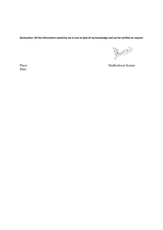 Declaration: All the information stated by me is true to best of my knowledge and can be verified on request
Place: Dudheshwar Kumar
Date:
 