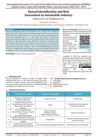 Hazard Identification and Risk Assessment in Automobile Industry | PDF