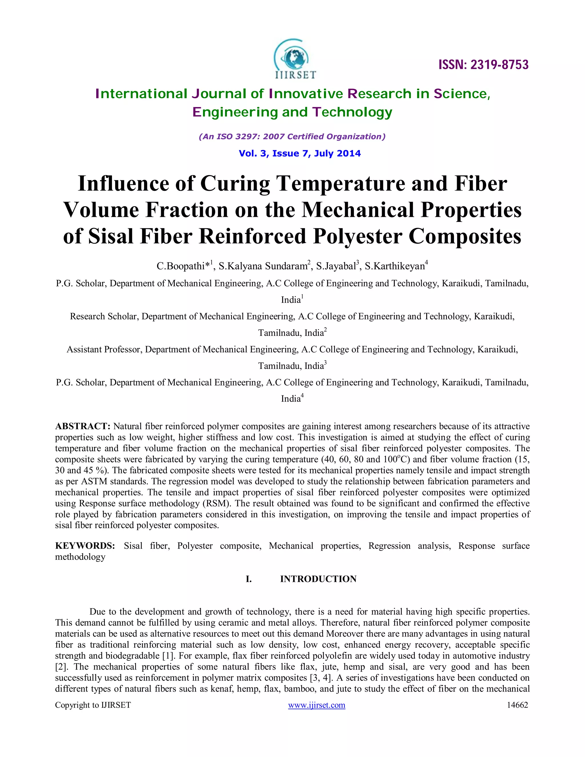Influence of Curing Temperature and Fiber Volume Fraction on the