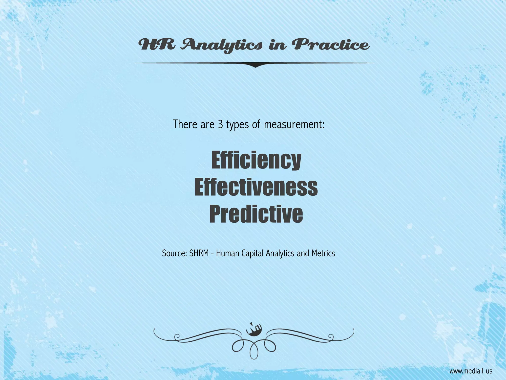 HR Analytics in Practice

There are 3 types of measurement:

Efficiency
Effectiveness
Predictive
Source: SHRM - Human Capital Analytics and Metrics

www.media1.us

 