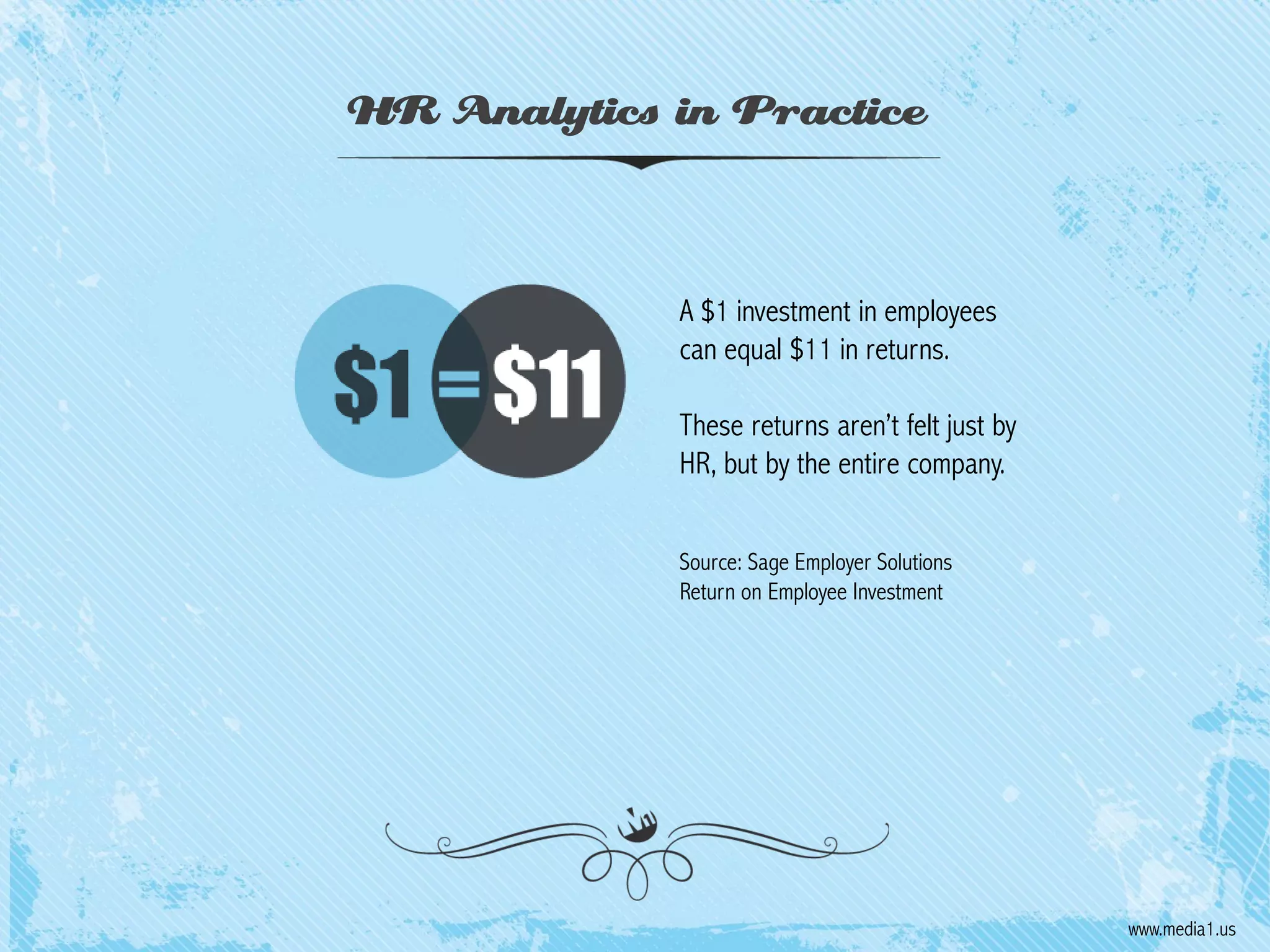 HR Analytics in Practice

A $1 investment in employees
can equal $11 in returns.

These returns aren’t felt just by
HR, but by the entire company.
Source: Sage Employer Solutions
Return on Employee Investment

www.media1.us

 