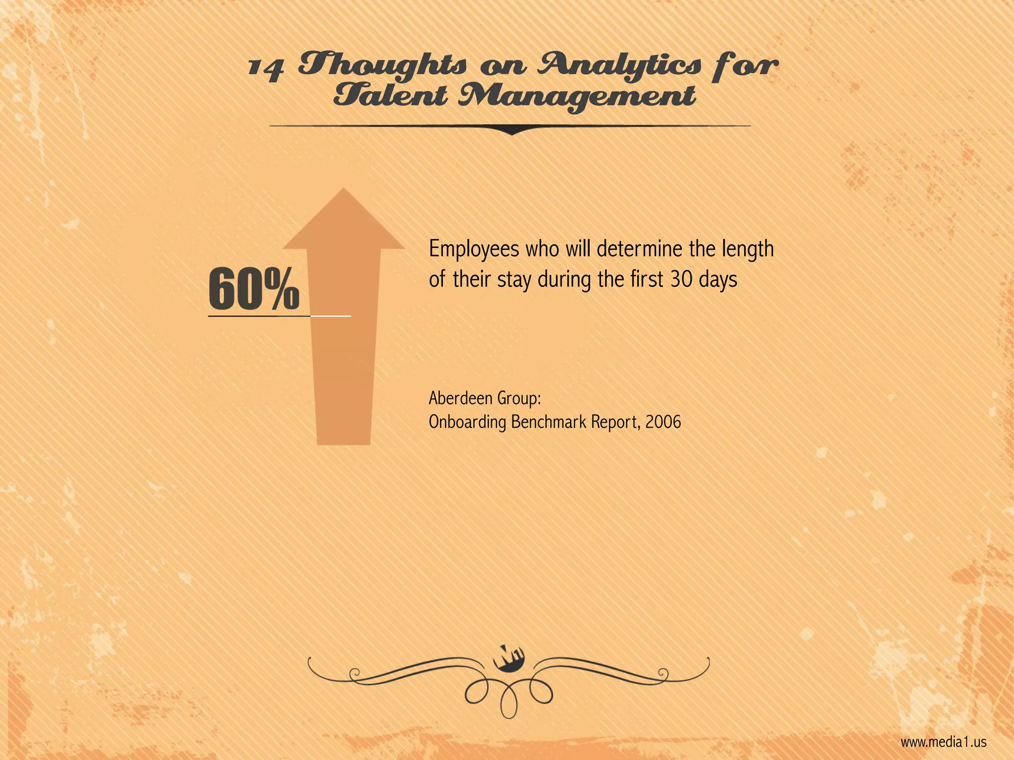 14 Thoughts on Analytics for
Talent Management

Employees who will determine the length
of their stay during the first 30 days

Aberdeen Group:
Onboarding Benchmark Report, 2006

www.media1.us

 