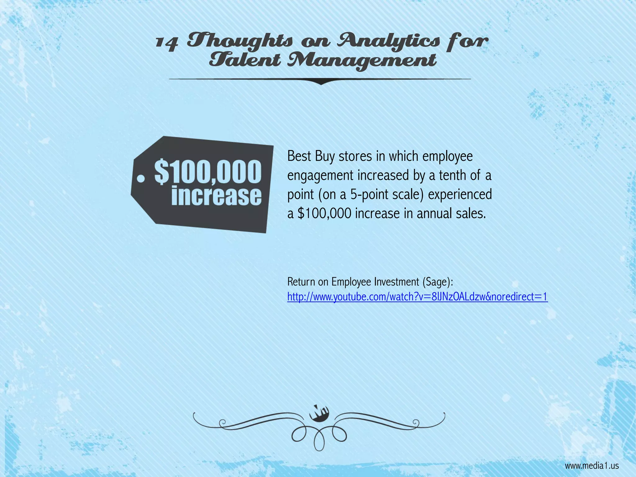 14 Thoughts on Analytics for
Talent Management

Best Buy stores in which employee
engagement increased by a tenth of a
point (on a 5-point scale) experienced
a $100,000 increase in annual sales.

Return on Employee Investment (Sage):
http://www.youtube.com/watch?v=8lJNzOALdzw&noredirect=1

www.media1.us

 