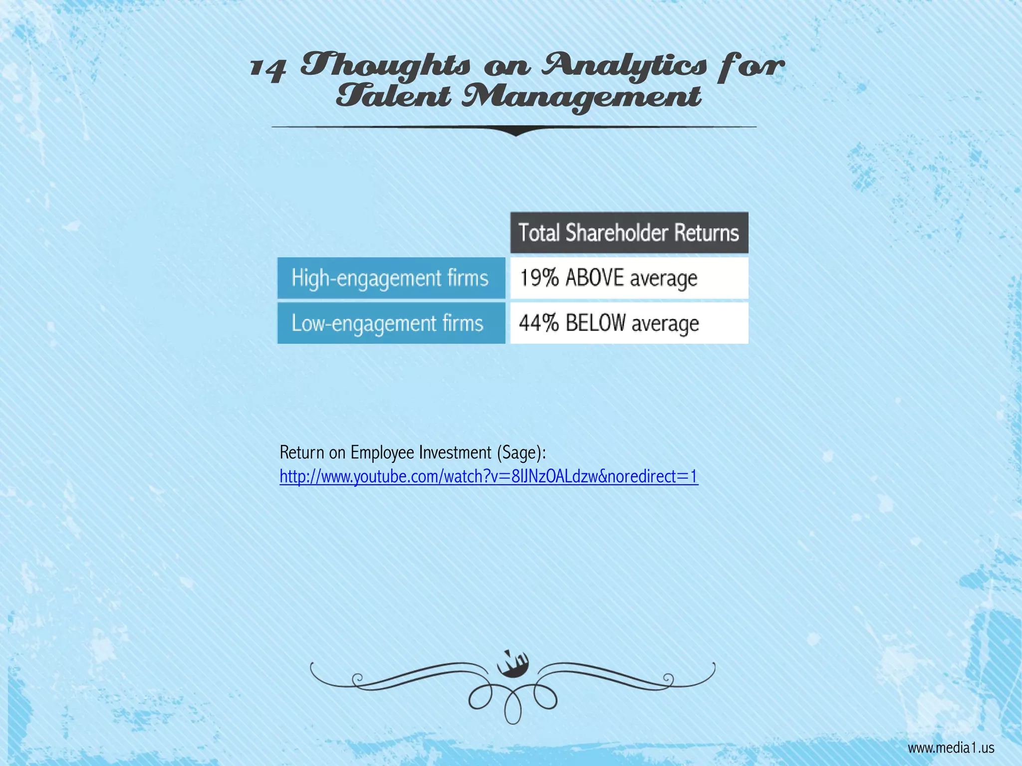 14 Thoughts on Analytics for
Talent Management

Return on Employee Investment (Sage):
http://www.youtube.com/watch?v=8lJNzOALdzw&noredirect=1

www.media1.us

 