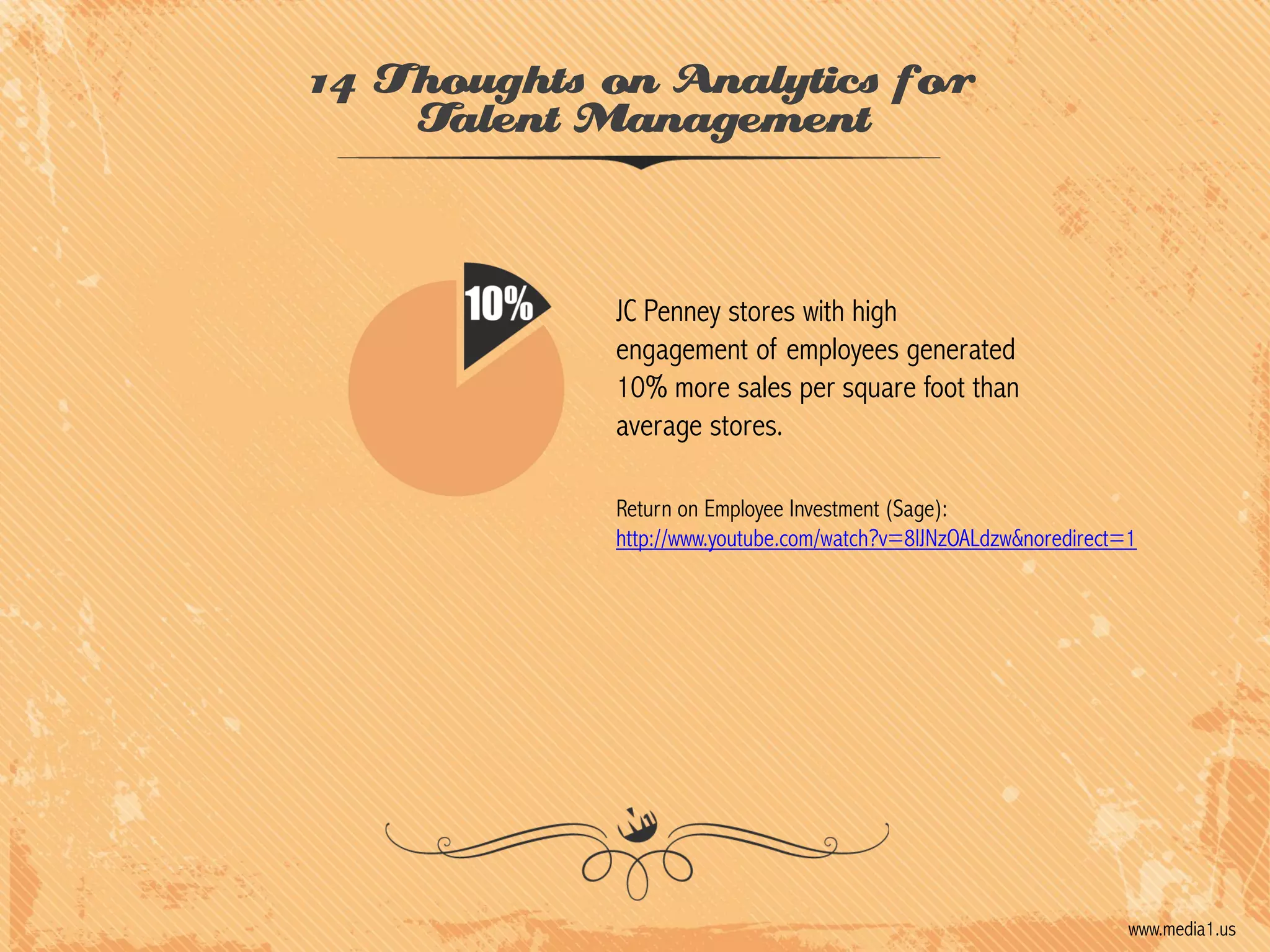 14 Thoughts on Analytics for
Talent Management

JC Penney stores with high
engagement of employees generated
10% more sales per square foot than
average stores.
Return on Employee Investment (Sage):
http://www.youtube.com/watch?v=8lJNzOALdzw&noredirect=1

www.media1.us

 