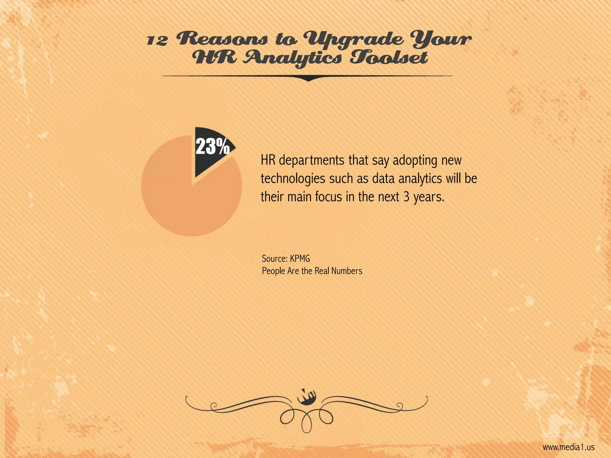 12 Reasons to Upgrade Your
HR Analytics Toolset

HR departments that say adopting new
technologies such as data analytics will be
their main focus in the next 3 years.

Source: KPMG
People Are the Real Numbers

www.media1.us

 