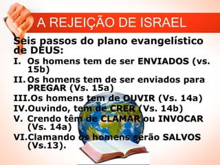 Seis passos do plano evangelístico
de DEUS:
I. Os homens tem de ser ENVIADOS (vs.
15b)
II. Os homens tem de ser enviados para
PREGAR (Vs. 15a)
III.Os homens tem de OUVIR (Vs. 14a)
IV.Ouvindo, tem de CRER (Vs. 14b)
V. Crendo têm de CLAMAR ou INVOCAR
(Vs. 14a)
VI.Clamando os homens serão SALVOS
(Vs.13).
A REJEIÇÃO DE ISRAEL
 