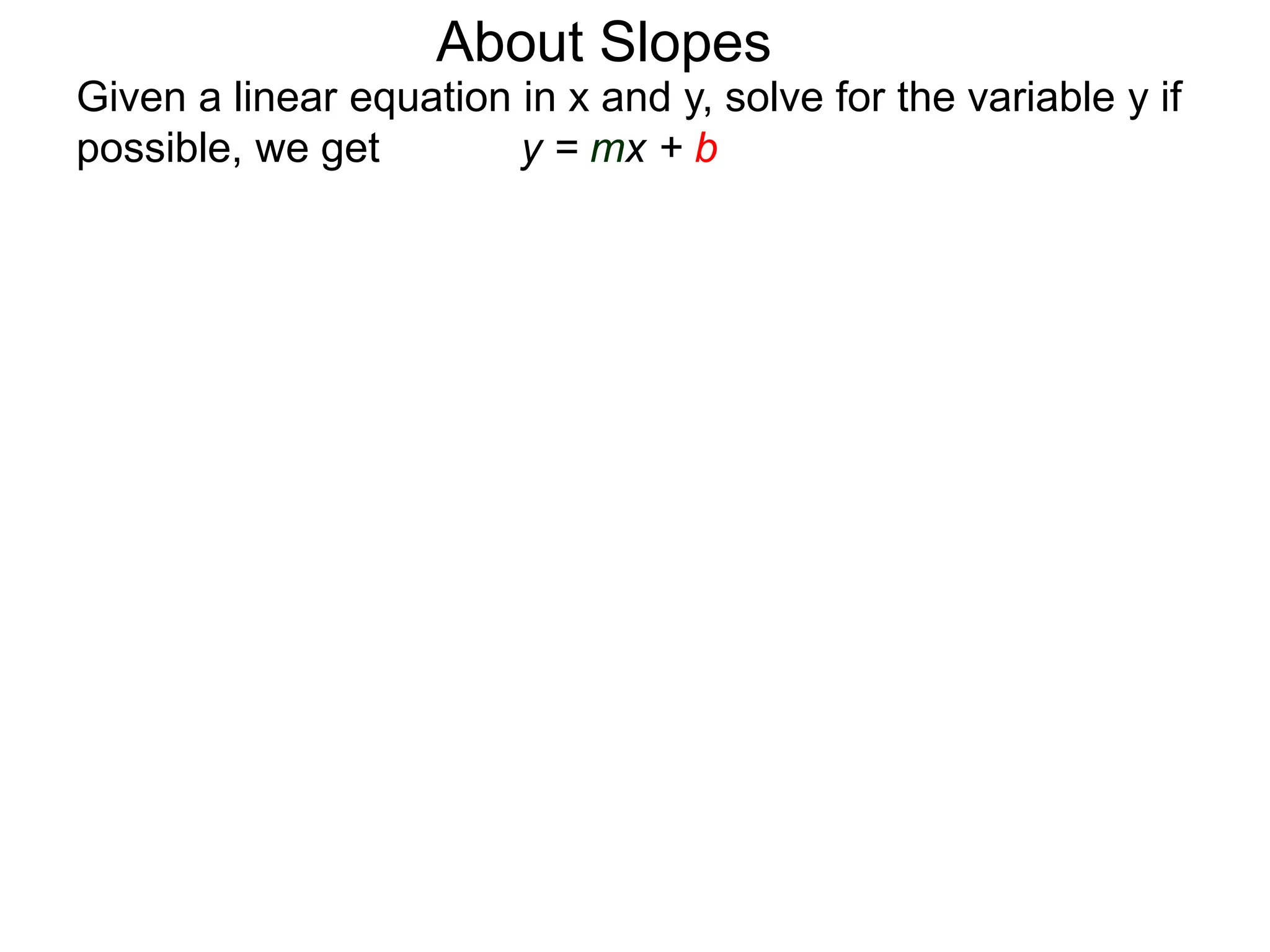 Given a linear equation in x and y, solve for the variable y if
possible, we get y = mx + b
About Slopes
 
