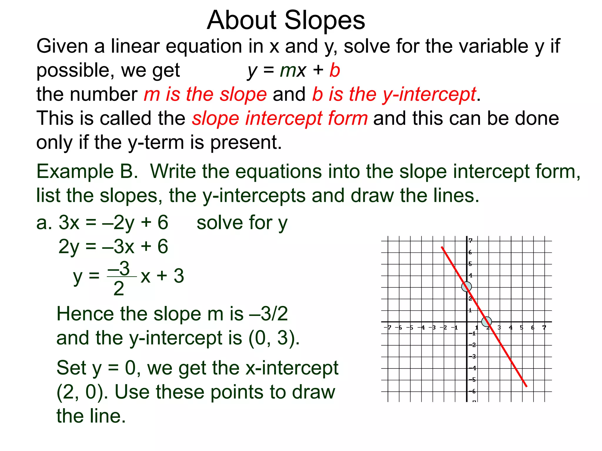 Given a linear equation in x and y, solve for the variable y if
possible, we get y = mx + b
the number m is the slope and b is the y-intercept.
This is called the slope intercept form and this can be done
only if the y-term is present.
About Slopes
a. 3x = –2y + 6 solve for y
2y = –3x + 6
y =
2
–3 x + 3
Hence the slope m is –3/2
and the y-intercept is (0, 3).
Set y = 0, we get the x-intercept
(2, 0). Use these points to draw
the line.
Example B. Write the equations into the slope intercept form,
list the slopes, the y-intercepts and draw the lines.
 
