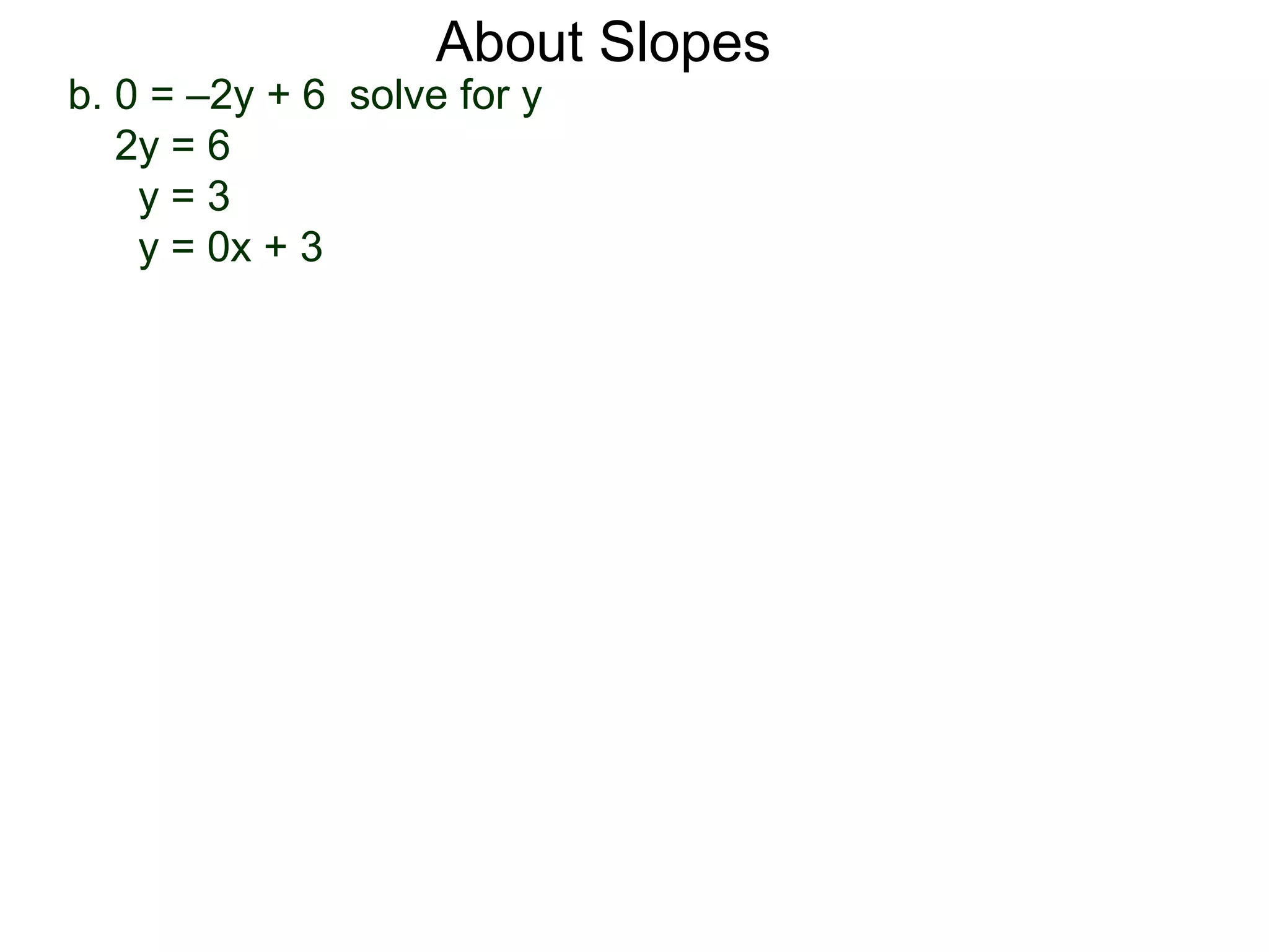 b. 0 = –2y + 6 solve for y
2y = 6
y = 3
y = 0x + 3
About Slopes
 