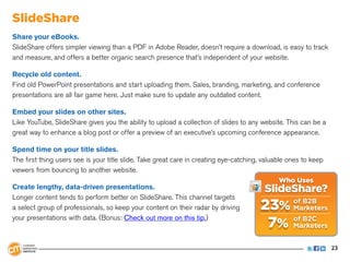 SlideShare
Share your eBooks.
SlideShare offers simpler viewing than a PDF in Adobe Reader, doesn’t require a download, is...